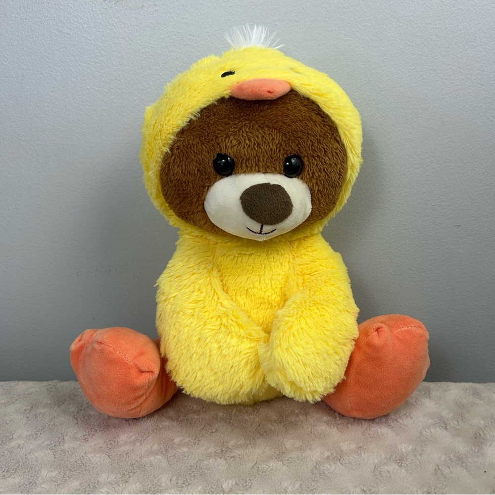 Bee Happy Kellytoy Bear in Duck Costume Plush Stuffed Animal Yellow Orange Brown